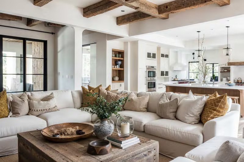 Bright, elegant living room with an open-plan kitchen